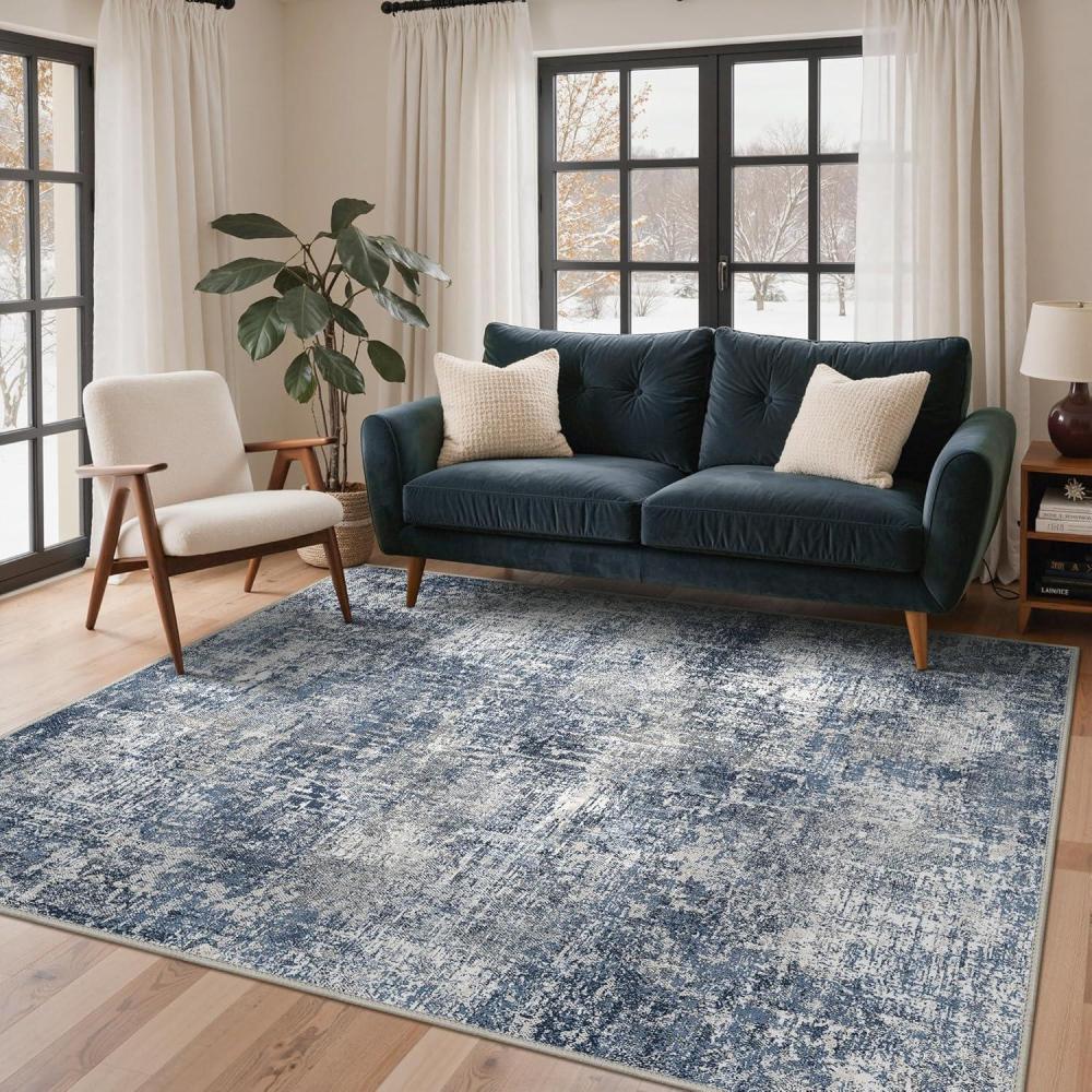 imageGENIMO 8x10 Area Rugs for Living Room Machine Washable Non Slip Rugs Low Pile Lightweight Vintage Print Rug for Bedroom Dining Room Home Office Distressed BlueGreyDeep Sea Blue