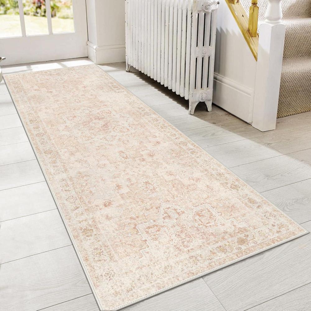 imageGENIMO 8x10 Area Rugs for Living Room Machine Washable Non Slip Rugs Low Pile Lightweight Vintage Print Rug for Bedroom Dining Room Home Office Distressed BlueGreyLight Pink