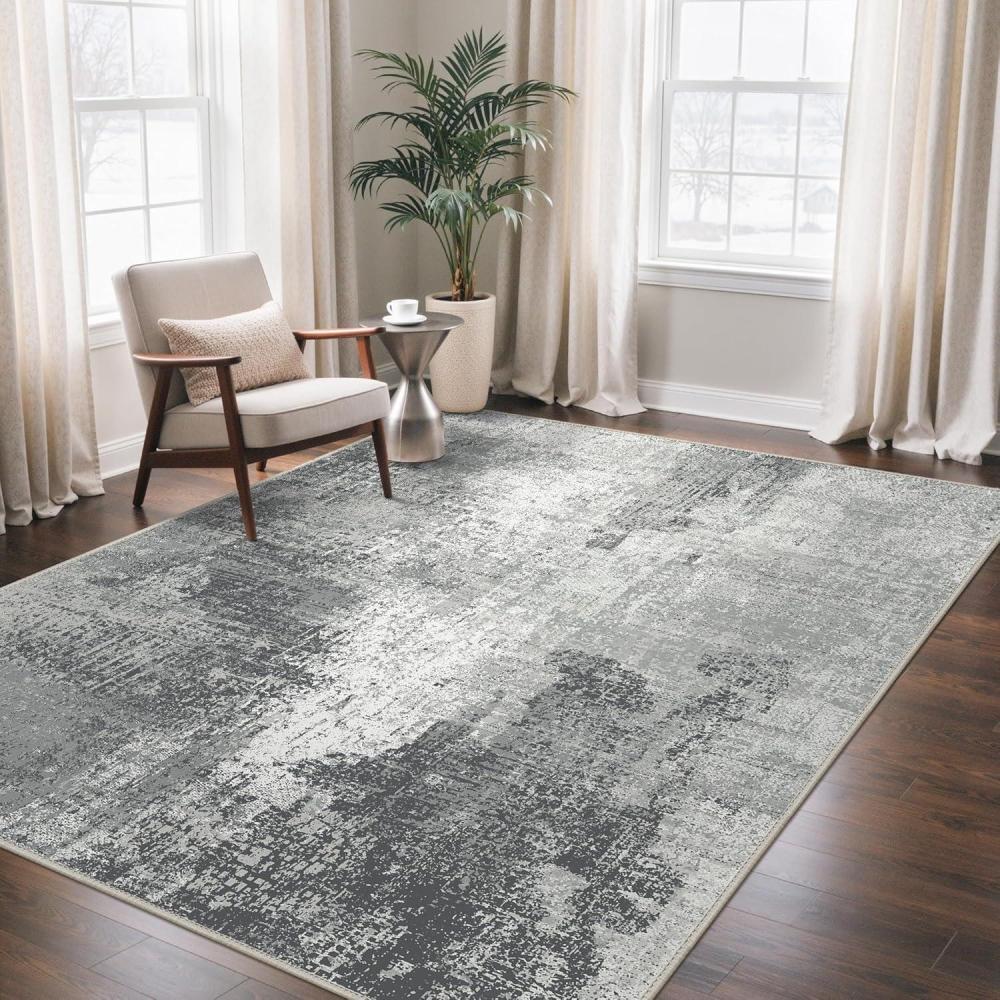 imageGENIMO 8x10 Area Rugs for Living Room Machine Washable Non Slip Rugs Low Pile Lightweight Vintage Print Rug for Bedroom Dining Room Home Office Distressed BlueGreyWashed Ink Grey White