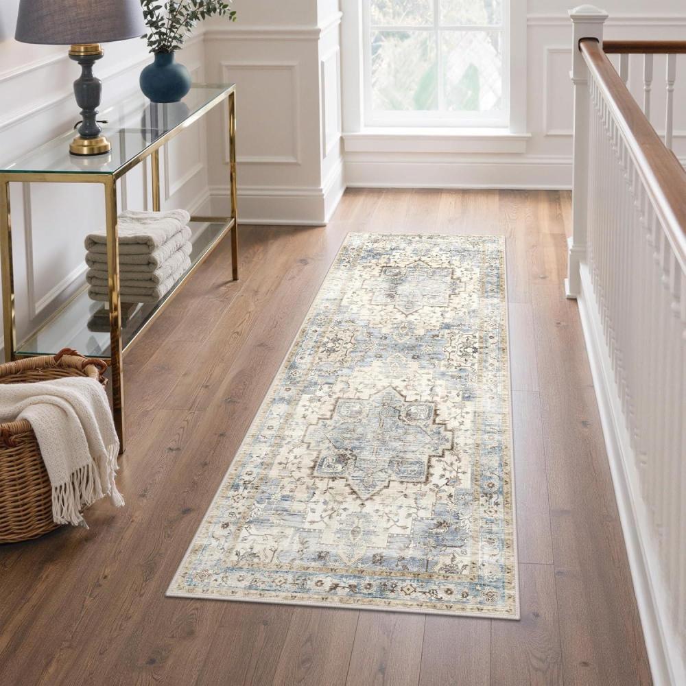 imageGENIMO 8x10 Area Rugs for Living Room Machine Washable Non Slip Rugs Low Pile Lightweight Vintage Print Rug for Bedroom Dining Room Home Office Distressed BlueGreyMint Sage