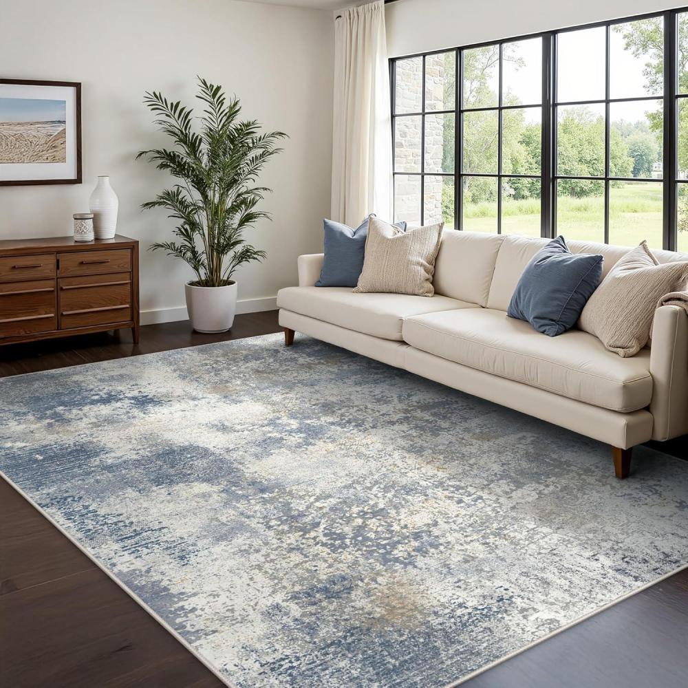 imageGENIMO 8x10 Area Rugs for Living Room Machine Washable Non Slip Rugs Low Pile Lightweight Vintage Print Rug for Bedroom Dining Room Home Office Distressed BlueGreyWashed Sky Blue