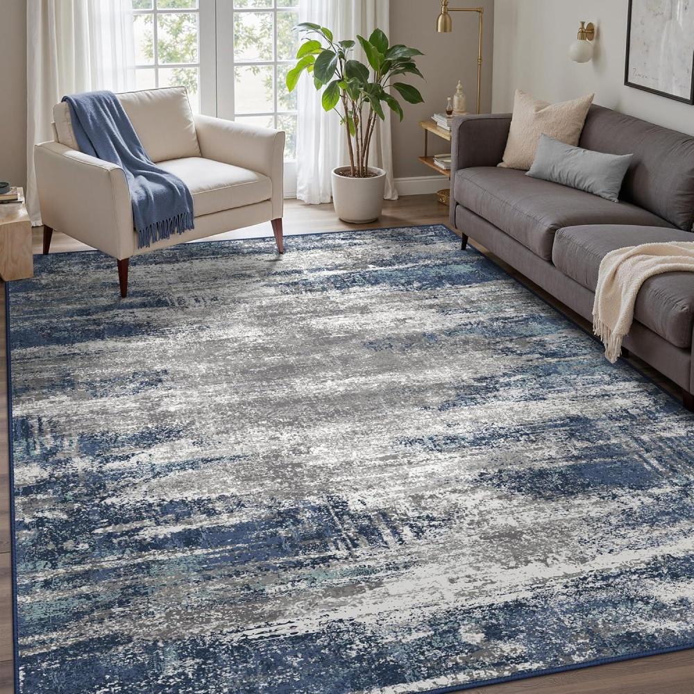 imageGENIMO 8x10 Area Rugs for Living Room Machine Washable Non Slip Rugs Low Pile Lightweight Vintage Print Rug for Bedroom Dining Room Home Office Distressed BlueGreyBlue Ivory
