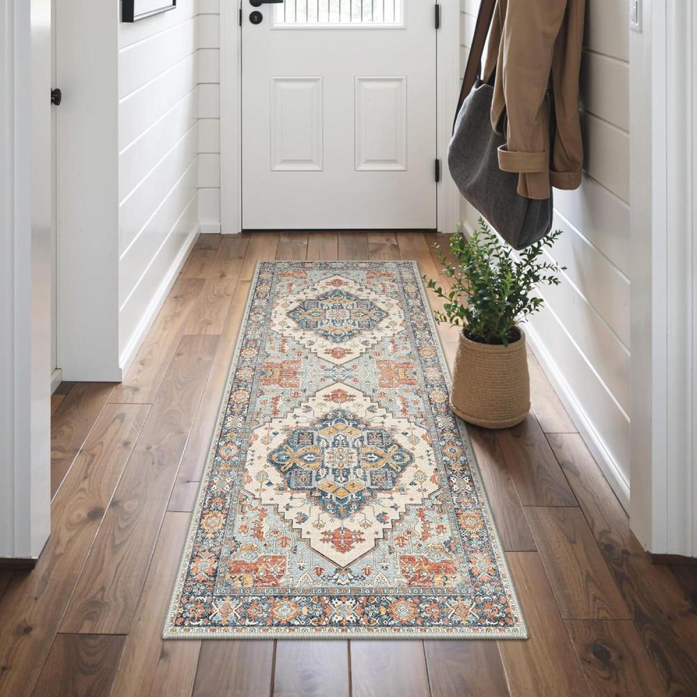 imageGENIMO 8x10 Area Rugs for Living Room Machine Washable Non Slip Rugs Low Pile Lightweight Vintage Print Rug for Bedroom Dining Room Home Office Distressed BlueGreyVintage BlueAmber