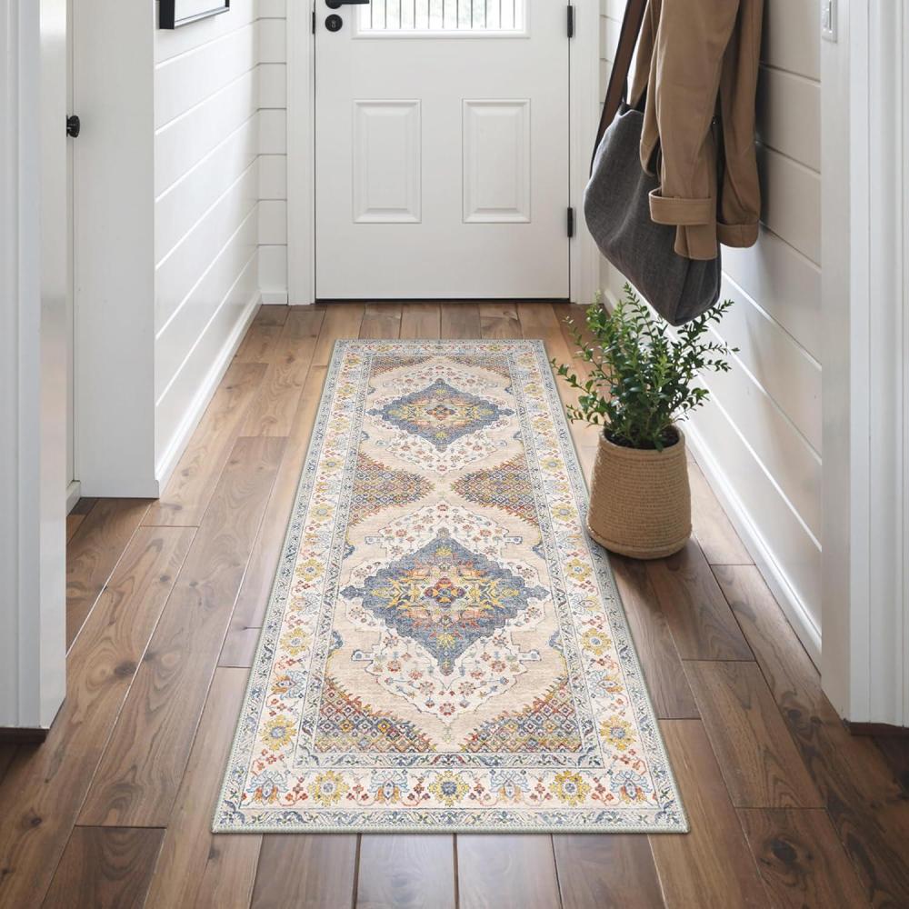 imageGENIMO 8x10 Area Rugs for Living Room Machine Washable Non Slip Rugs Low Pile Lightweight Vintage Print Rug for Bedroom Dining Room Home Office Distressed BlueGreyCreamCenter Blue