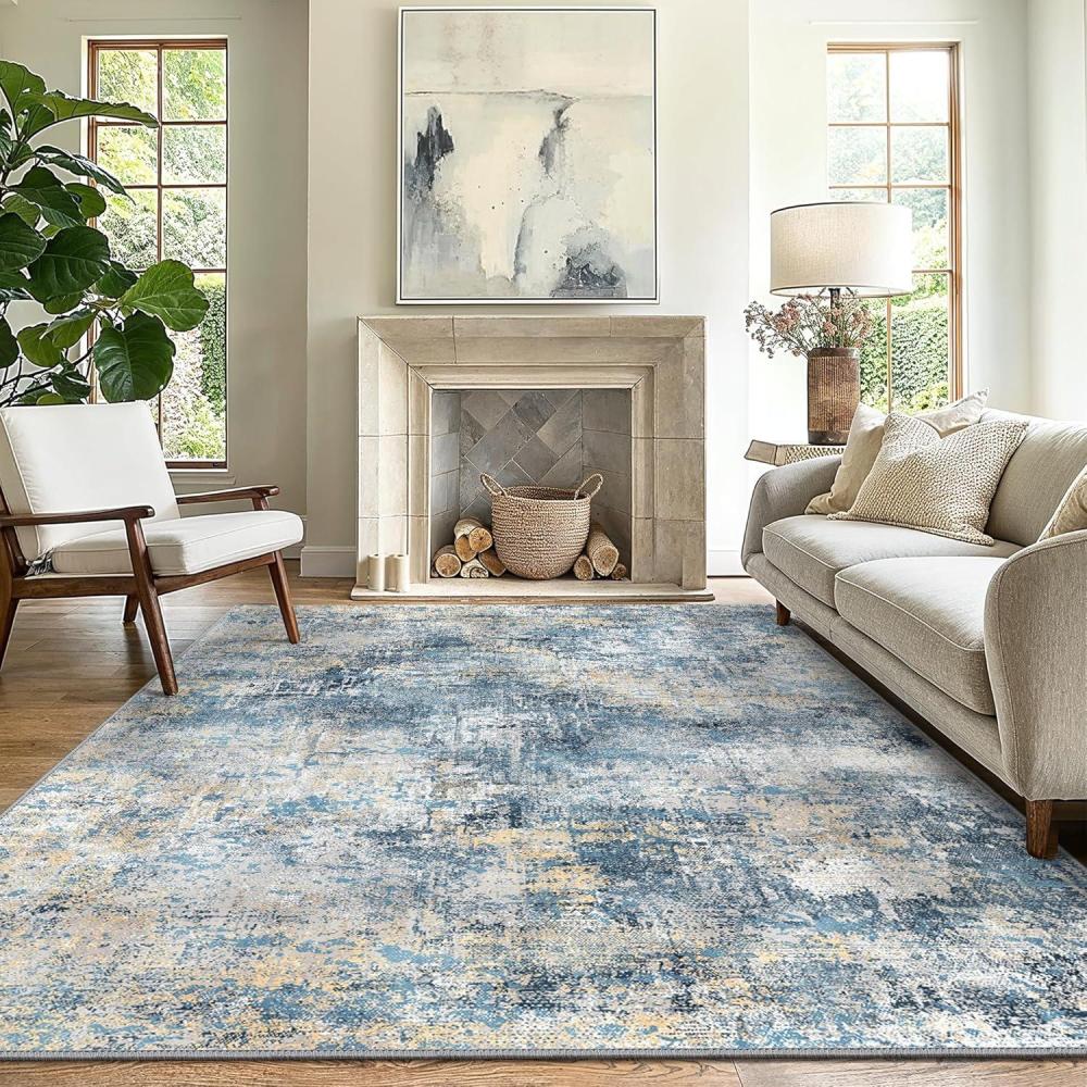 imageGENIMO 8x10 Area Rugs for Living Room Machine Washable Non Slip Rugs Low Pile Lightweight Vintage Print Rug for Bedroom Dining Room Home Office Distressed BlueGreyWashed Royal Blue