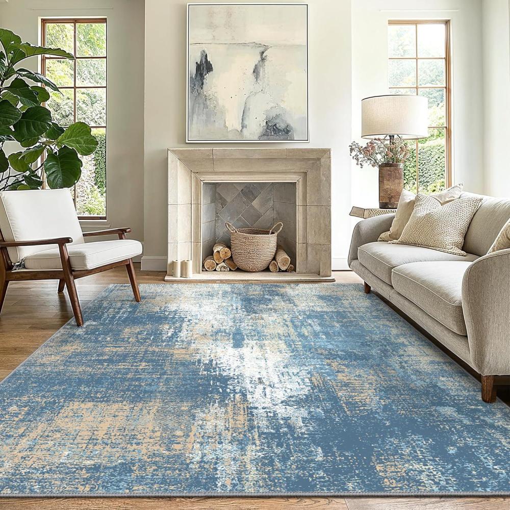 imageGENIMO 8x10 Area Rugs for Living Room Machine Washable Non Slip Rugs Low Pile Lightweight Vintage Print Rug for Bedroom Dining Room Home Office Distressed BlueGreyWashed Mist Blue