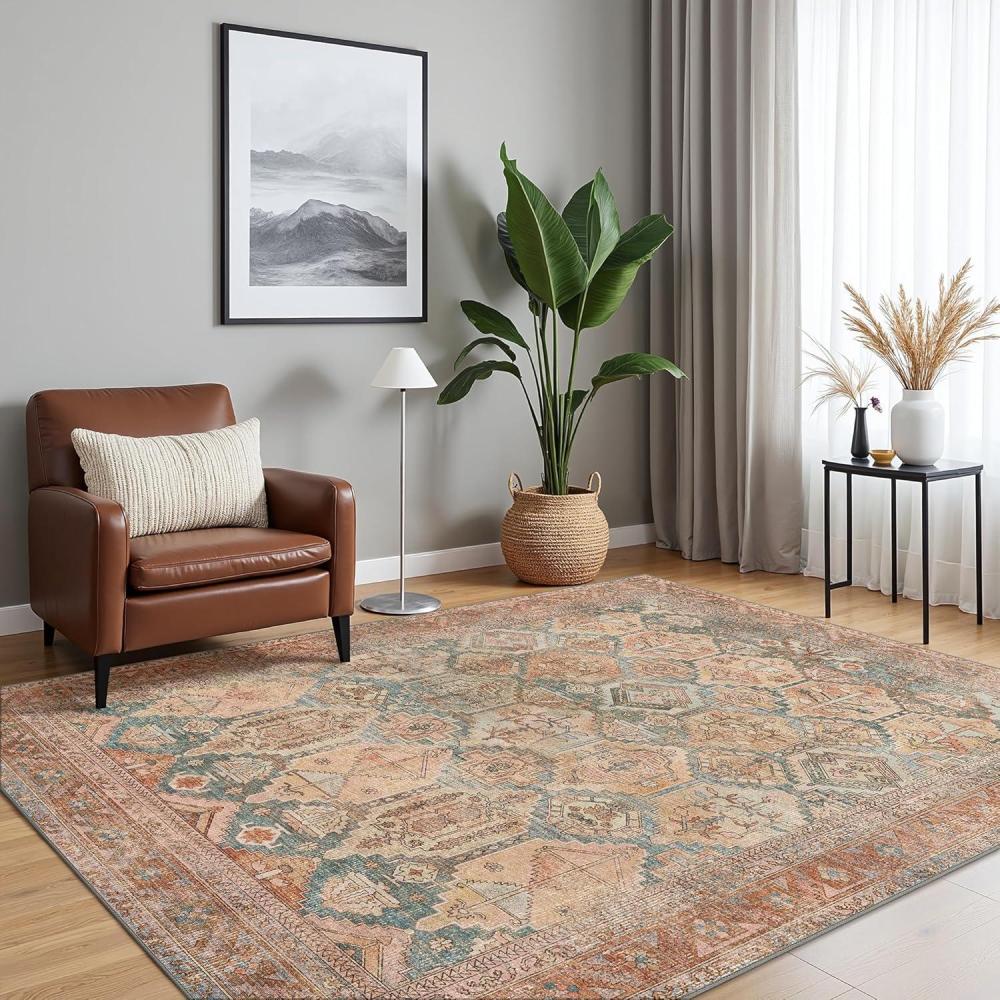 imageGENIMO 8x10 Area Rugs for Living Room Machine Washable Non Slip Rugs Low Pile Lightweight Vintage Print Rug for Bedroom Dining Room Home Office Distressed BlueGreyVintage Clay