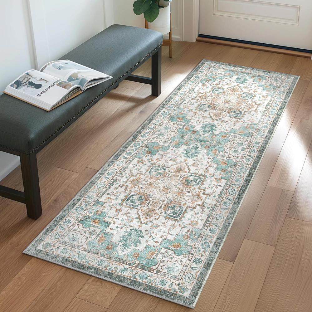 imageGENIMO 9x12 Area Rugs for Living Room Machine Washable Non Slip Rugs Low Pile Lightweight Print Rug for Bedroom Dining Room Home Office Vintage Brick RedCyan
