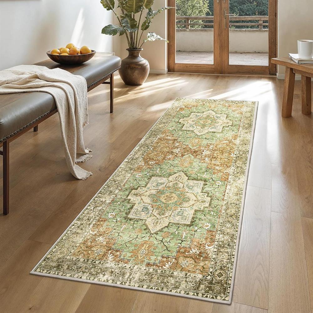 imageGENIMO 9x12 Area Rugs for Living Room Machine Washable Non Slip Rugs Low Pile Lightweight Print Rug for Bedroom Dining Room Home Office Vintage Brick RedMuted Green Brown