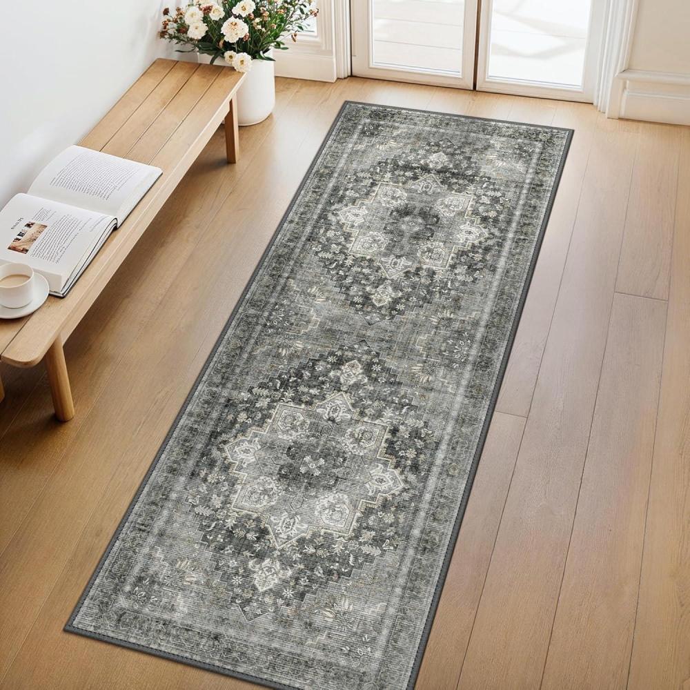 imageGENIMO 9x12 Area Rugs for Living Room Machine Washable Non Slip Rugs Low Pile Lightweight Print Rug for Bedroom Dining Room Home Office Vintage Brick RedCharcoal Gray