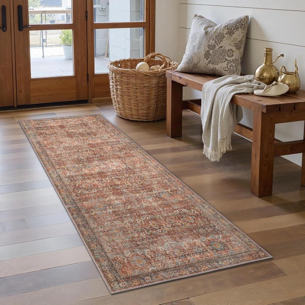 imageGENIMO 9x12 Area Rugs for Living Room Machine Washable Non Slip Rugs Low Pile Lightweight Print Rug for Bedroom Dining Room Home Office Vintage Brick RedTerracotta Indigo