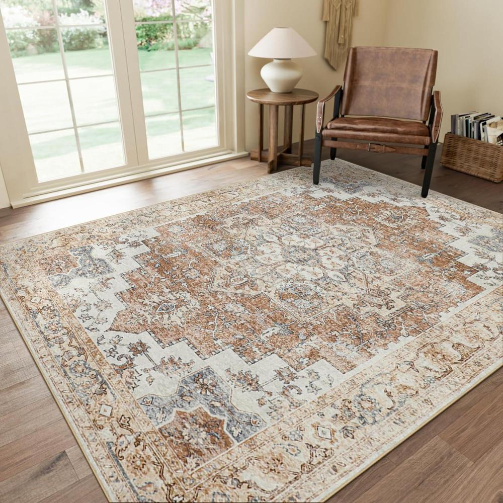 imageGENIMO 9x12 Area Rugs for Living Room Machine Washable Non Slip Rugs Low Pile Lightweight Print Rug for Bedroom Dining Room Home Office Vintage Brick RedOrangebeige