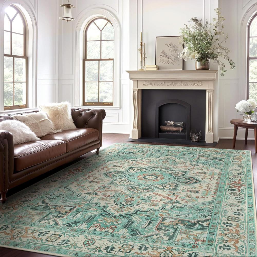 imageGENIMO 9x12 Area Rugs for Living Room Machine Washable Non Slip Rugs Low Pile Lightweight Print Rug for Bedroom Dining Room Home Office Vintage Brick RedSky Blue