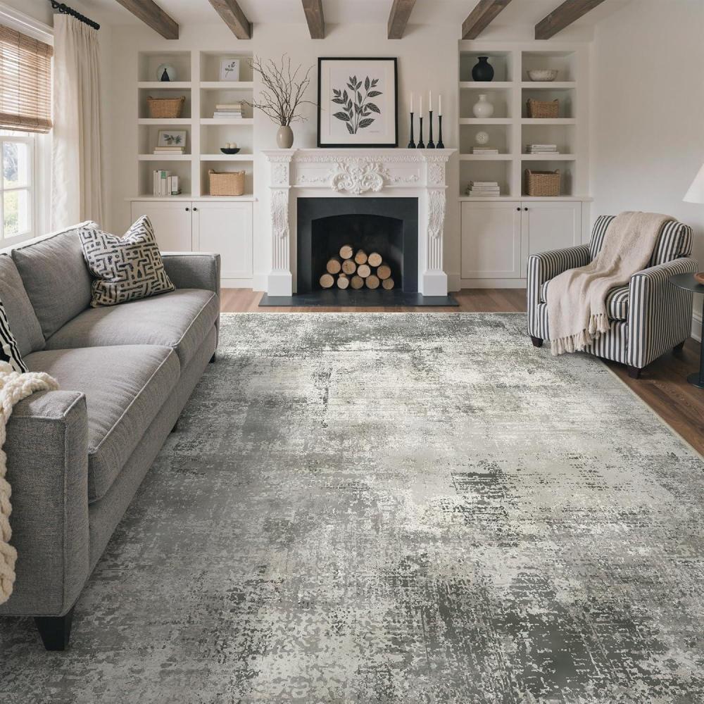 imageGENIMO 9x12 Area Rugs for Living Room Machine Washable Non Slip Rugs Low Pile Lightweight Print Rug for Bedroom Dining Room Home Office Vintage Brick RedDistressed Grey