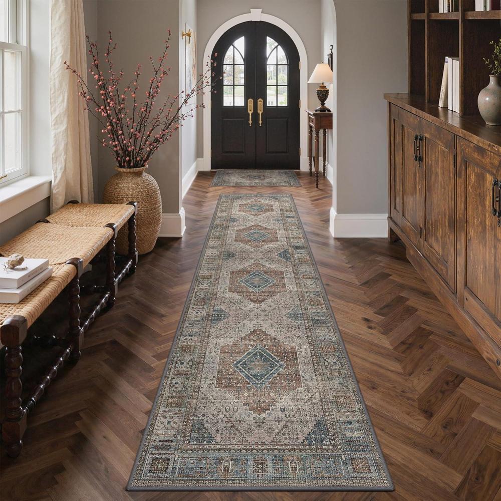 imageGENIMO 9x12 Area Rugs for Living Room Machine Washable Non Slip Rugs Low Pile Lightweight Print Rug for Bedroom Dining Room Home Office Vintage Brick RedGeometry SepiaBlue