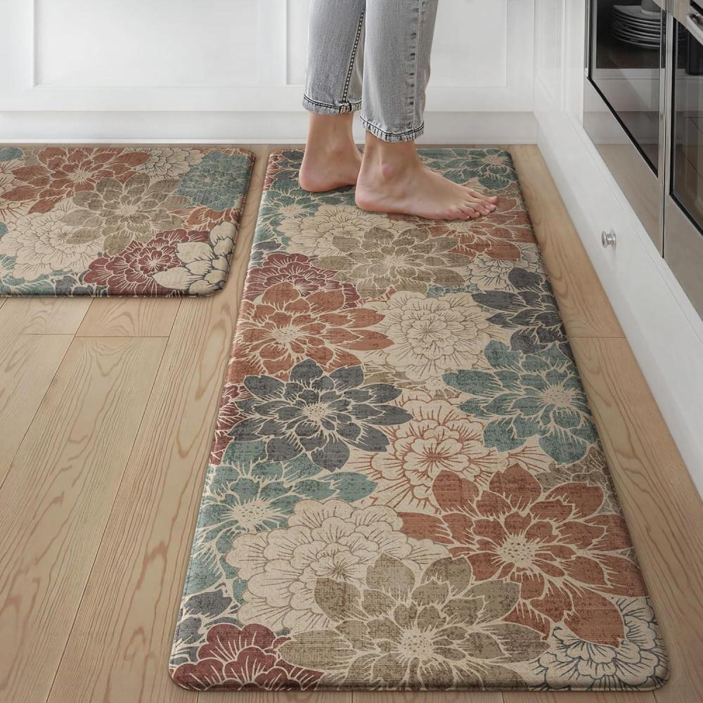imageGENIMO Kitchen Mats for Floor Kitchen Rugs Non Slip Washable Sets of 2 Waterproof Cushioned Anti Fatigue Mat Floral Runner Rug for Laundry Sink Office Home 173x47173x30 Taupe GreyRed