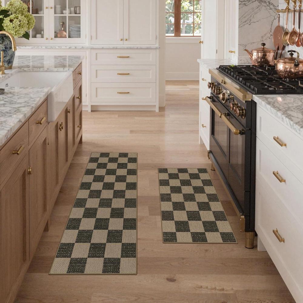 imageGENIMO Kitchen Rugs Non Slip Washable Absorbent Kitchen Mats for Floor Cushioned Comfort Standing Kitchen Runner Rug for Sink Office Laundry Entryway Home 20x3220x48 Beige BorderBeige Checkered