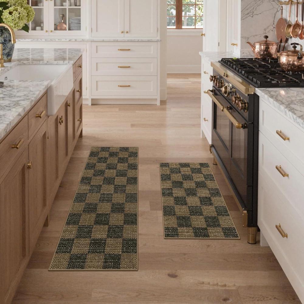 imageGENIMO Kitchen Rugs Non Slip Washable Absorbent Kitchen Mats for Floor Cushioned Comfort Standing Kitchen Runner Rug for Sink Office Laundry Entryway Home 20x3220x48 Beige BorderBrown Checkered