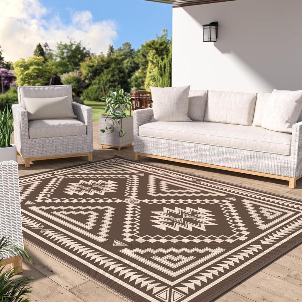 imageGENIMO Outdoor Rug for Patio Clearance  8x10 ft Waterproof Plastic Camping Rugs Reversible Outside Rv Mat Carpet for Porch Deck Picnic Balcony Beach Backyard Red GreyCoffee  Beige