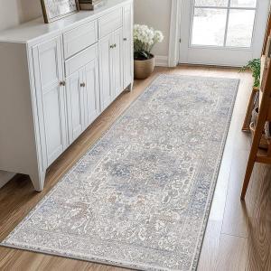 GENIMO 8×10 Area Rugs for Living Room, Machine Washable Non Slip Rugs, Low Pile Lightweight Vintage Print Rug for Bedroom, Dining Room, Home Office, Distressed Blue/Grey(Khaki Blue)