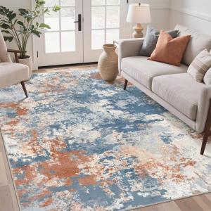 GENIMO 8×10 Area Rugs for Living Room, Machine Washable Non Slip Rugs, Low Pile Lightweight Vintage Print Rug for Bedroom, Dining Room, Home Office, Distressed Blue/Grey(Blue Red)