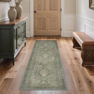 GENIMO 8×10 Area Rugs for Living Room, Machine Washable Non Slip Rugs, Low Pile Lightweight Vintage Print Rug for Bedroom, Dining Room, Home Office, Distressed Blue/Grey(Sage/Blue)