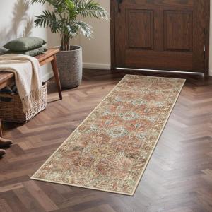 GENIMO 8×10 Area Rugs for Living Room, Machine Washable Non Slip Rugs, Low Pile Lightweight Vintage Print Rug for Bedroom, Dining Room, Home Office, Distressed Blue/Grey(Vintage Brick Red)