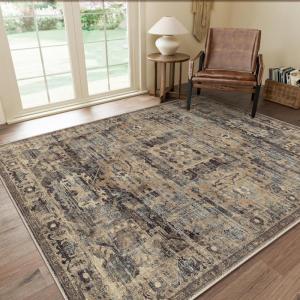 GENIMO 8×10 Area Rugs for Living Room, Machine Washable Non Slip Rugs, Low Pile Lightweight Vintage Print Rug for Bedroom, Dining Room, Home Office, Distressed Blue/Grey(Tawny Sage)