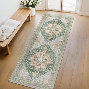 GENIMO 8×10 Area Rugs for Living Room, Machine Washable Non Slip Rugs, Low Pile Lightweight Vintage Print Rug for Bedroom, Dining Room, Home Office, Distressed Blue/Grey(Sage Green)