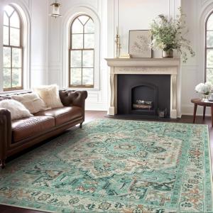 GENIMO 8×10 Area Rugs for Living Room, Machine Washable Non Slip Rugs, Low Pile Lightweight Vintage Print Rug for Bedroom, Dining Room, Home Office, Distressed Blue/Grey(Sky Blue)