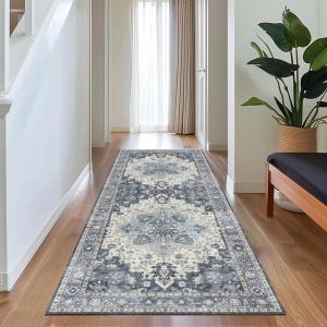 GENIMO 8×10 Area Rugs for Living Room, Machine Washable Non Slip Rugs, Low Pile Lightweight Vintage Print Rug for Bedroom, Dining Room, Home Office, Distressed Blue/Grey(Center Blue)