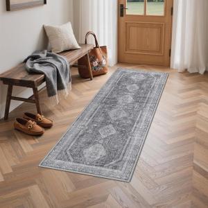 GENIMO 8×10 Area Rugs for Living Room, Machine Washable Non Slip Rugs, Low Pile Lightweight Vintage Print Rug for Bedroom, Dining Room, Home Office, Distressed Blue/Grey(Area Vintage Grey)