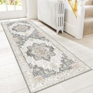 GENIMO 8×10 Area Rugs for Living Room, Machine Washable Non Slip Rugs, Low Pile Lightweight Vintage Print Rug for Bedroom, Dining Room, Home Office, Distressed Blue/Grey(Heathered Grey)