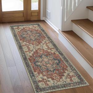 GENIMO 8×10 Area Rugs for Living Room, Machine Washable Non Slip Rugs, Low Pile Lightweight Vintage Print Rug for Bedroom, Dining Room, Home Office, Distressed Blue/Grey(Bordeaux)