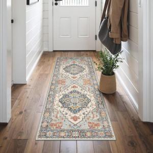 GENIMO 8×10 Area Rugs for Living Room, Machine Washable Non Slip Rugs, Low Pile Lightweight Vintage Print Rug for Bedroom, Dining Room, Home Office, Distressed Blue/Grey(Vintage Blue/Amber)
