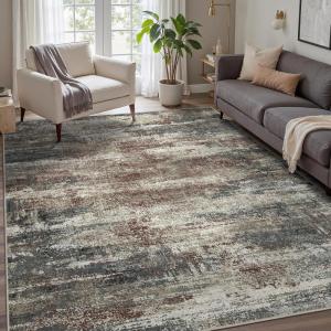 GENIMO 8×10 Area Rugs for Living Room, Machine Washable Non Slip Rugs, Low Pile Lightweight Vintage Print Rug for Bedroom, Dining Room, Home Office, Distressed Blue/Grey(Mystic Forest)