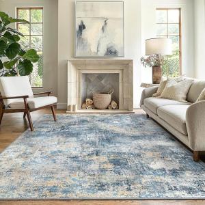 GENIMO 8×10 Area Rugs for Living Room, Machine Washable Non Slip Rugs, Low Pile Lightweight Vintage Print Rug for Bedroom, Dining Room, Home Office, Distressed Blue/Grey(Washed Royal Blue)