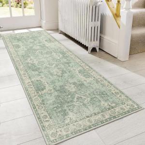 GENIMO 8×10 Area Rugs for Living Room, Machine Washable Non Slip Rugs, Low Pile Lightweight Vintage Print Rug for Bedroom, Dining Room, Home Office, Distressed Blue/Grey(Light Green)