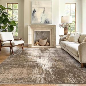 GENIMO 8×10 Area Rugs for Living Room, Machine Washable Non Slip Rugs, Low Pile Lightweight Vintage Print Rug for Bedroom, Dining Room, Home Office, Distressed Blue/Grey(Faded Brown)