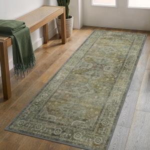 GENIMO 8×10 Area Rugs for Living Room, Machine Washable Non Slip Rugs, Low Pile Lightweight Vintage Print Rug for Bedroom, Dining Room, Home Office, Distressed Blue/Grey(Distressed Sage)