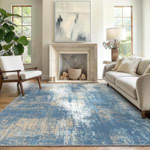 GENIMO 8×10 Area Rugs for Living Room, Machine Washable Non Slip Rugs, Low Pile Lightweight Vintage Print Rug for Bedroom, Dining Room, Home Office, Distressed Blue/Grey(Washed Mist Blue)