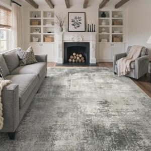 GENIMO 8×10 Area Rugs for Living Room, Machine Washable Non Slip Rugs, Low Pile Lightweight Vintage Print Rug for Bedroom, Dining Room, Home Office, Distressed Blue/Grey(Distressed Grey)