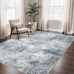 GENIMO 9×12 Area Rugs for Living Room, Machine Washable Non Slip Rugs, Low Pile Lightweight Print Rug for Bedroom, Dining Room, Home Office, Vintage Brick Red(Washed Light Denim Blue)