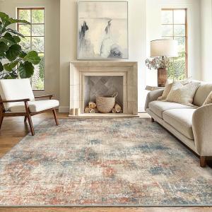GENIMO 9×12 Area Rugs for Living Room, Machine Washable Non Slip Rugs, Low Pile Lightweight Print Rug for Bedroom, Dining Room, Home Office, Vintage Brick Red(Multi Color)