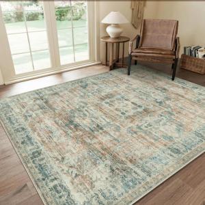 GENIMO 9×12 Area Rugs for Living Room, Machine Washable Non Slip Rugs, Low Pile Lightweight Print Rug for Bedroom, Dining Room, Home Office, Vintage Brick Red(Light Brown & Pink)