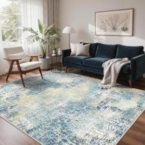 GENIMO 9×12 Area Rugs for Living Room, Machine Washable Non Slip Rugs, Low Pile Lightweight Print Rug for Bedroom, Dining Room, Home Office, Vintage Brick Red(Washed Orange Blue)