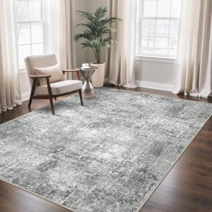 GENIMO 9×12 Area Rugs for Living Room, Machine Washable Non Slip Rugs, Low Pile Lightweight Print Rug for Bedroom, Dining Room, Home Office, Vintage Brick Red(Gray Fog)