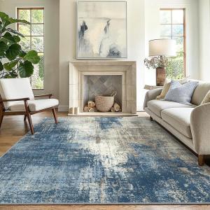 GENIMO 9×12 Area Rugs for Living Room, Machine Washable Non Slip Rugs, Low Pile Lightweight Print Rug for Bedroom, Dining Room, Home Office, Vintage Brick Red(Washed Slate Blue)