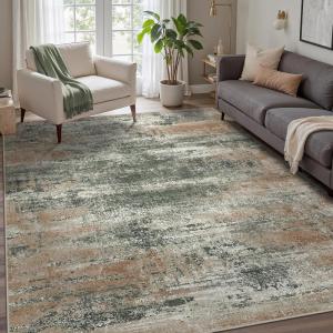 GENIMO 9×12 Area Rugs for Living Room, Machine Washable Non Slip Rugs, Low Pile Lightweight Print Rug for Bedroom, Dining Room, Home Office, Vintage Brick Red(Gray Mist)
