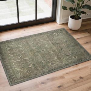 GENIMO 9×12 Area Rugs for Living Room, Machine Washable Non Slip Rugs, Low Pile Lightweight Print Rug for Bedroom, Dining Room, Home Office, Vintage Brick Red(Muted Green)